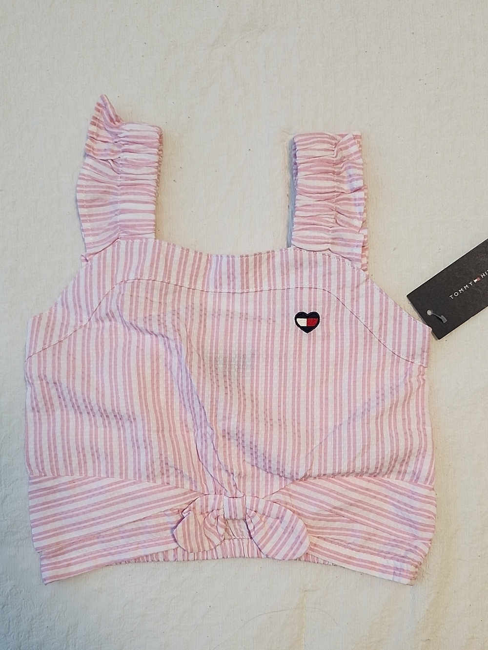 Tommy Hilfiger Girls Pink White Striped Tie Front Top & Ruffled Shorts Set NWT - Picture 2 of 10